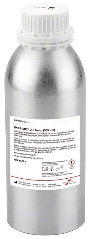 IMPRIMO® LC Temp A3 Flüssigkeitsbehälter mit Etikett und Sicherheitsinformationen.
