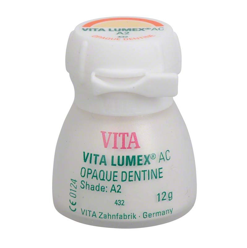 VITA LUMEX® AC Opaque Dentine 12g A2 in weißem Behälter mit Aufschrift.
