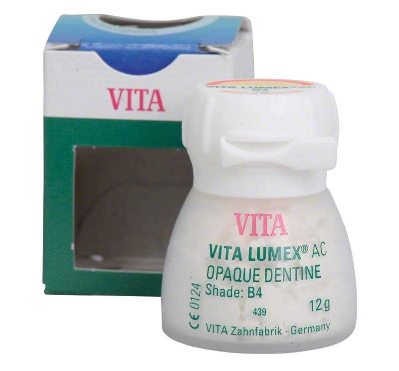 VITA LUMEX® AC Opaque Dentine 12g B4 vor Verpackung mit Sichtfenster.