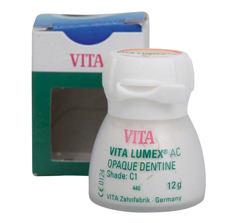VITA LUMEX® AC Opaque Dentine 12g C1 Flasche vor geöffneter Verpackung.