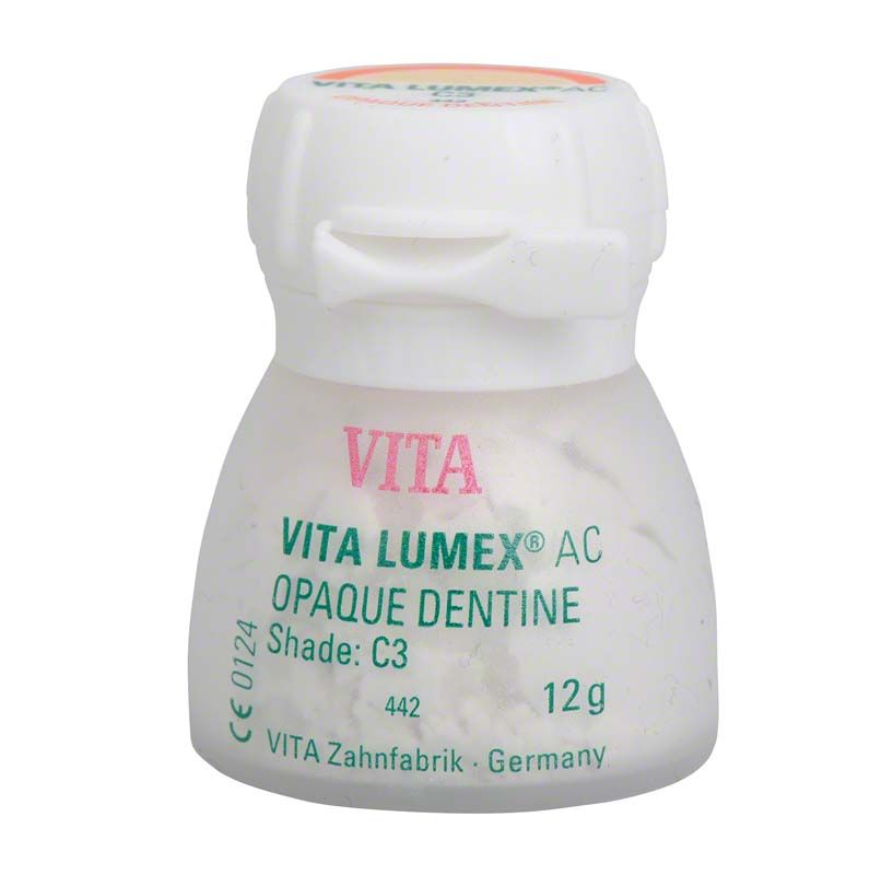 VITA LUMEX® AC Opaque Dentine 12g C3 im Kunststoffbehälter mit grünem Aufdruck.
