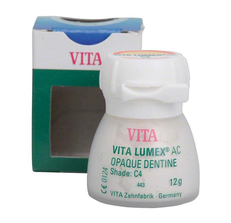 VITA LUMEX® AC Opaque Dentine 12g C4 vor Verpackung mit Sichtfenster.