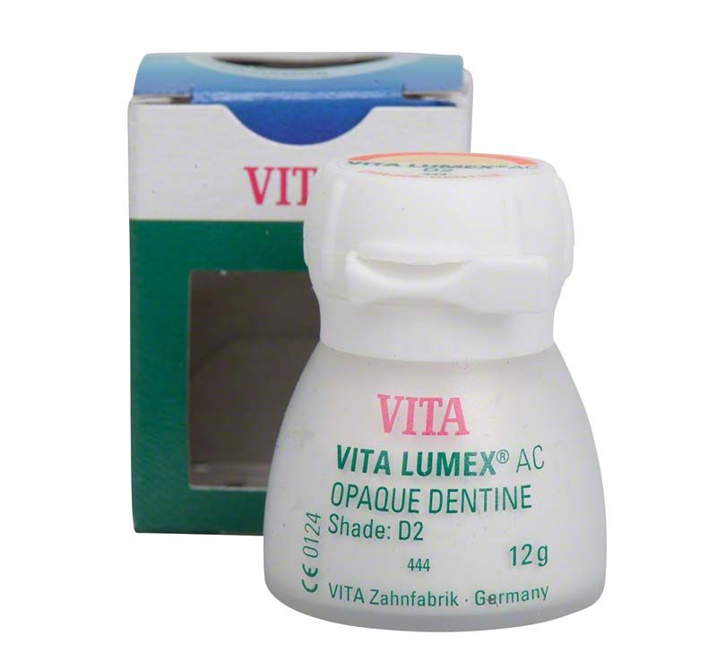 VITA LUMEX® AC Opaque Dentine 12g Flasche vor Verpackung mit Farbton D2.