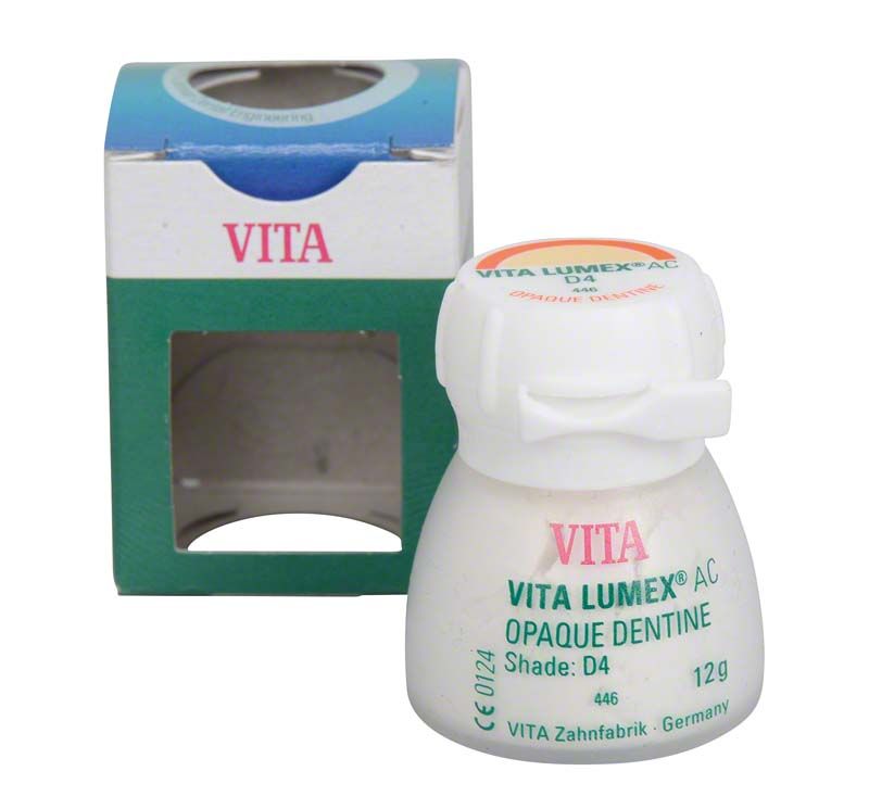 VITA LUMEX® AC Opaque Dentine D4 in weißer Flasche vor Verpackung.