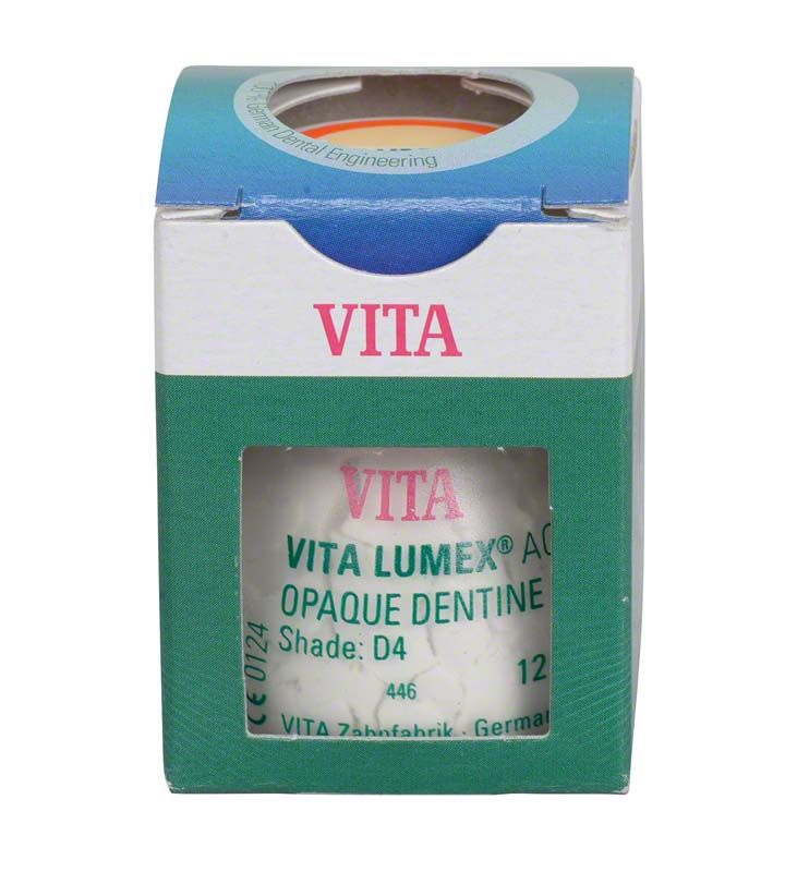 VITA LUMEX® AC Opaque Dentine D4 im Karton mit Sichtfenster.