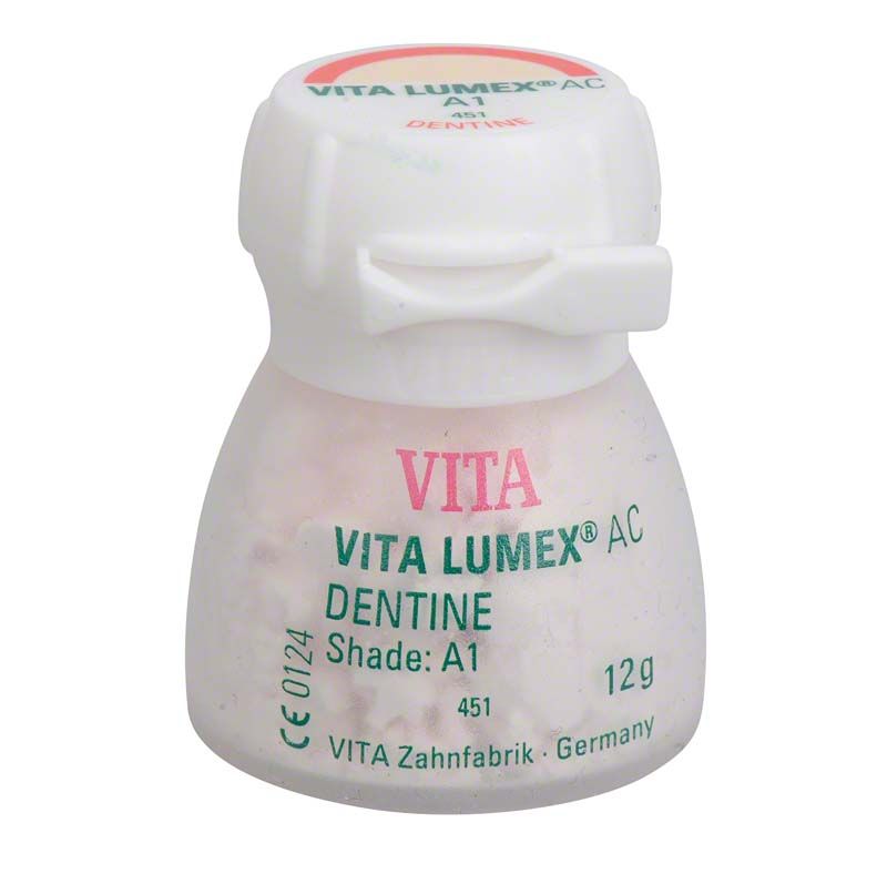 VITA LUMEX® AC Dentine 12g A1 Zahnersatzmaterial in weißem Behälter.