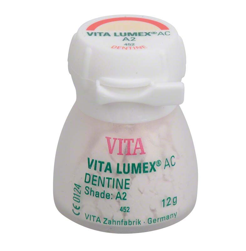 VITA LUMEX® AC Dentine 12g A2 Zahnersatzmaterial in einem weißen Behälter.