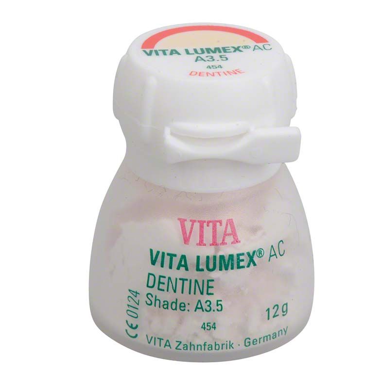 VITA LUMEX® AC Dentine 12g A3,5 in runder Verpackung mit Klappverschluss.