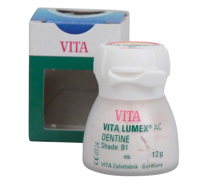 VITA LUMEX® AC Dentine 12g B1 Flasche vor Verpackung mit grünem Fenster.