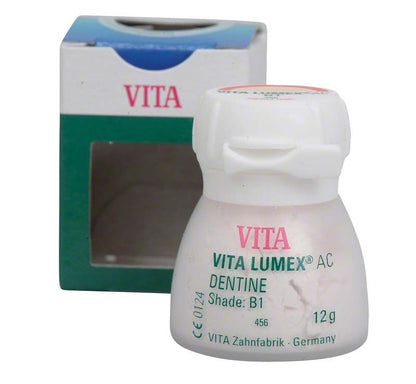 VITA LUMEX® AC Dentine 12g B1 Flasche vor Verpackung mit grünem Fenster.