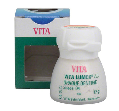 VITA LUMEX® AC Opaque Dentine 12g in weißem Behälter vor Verpackung.