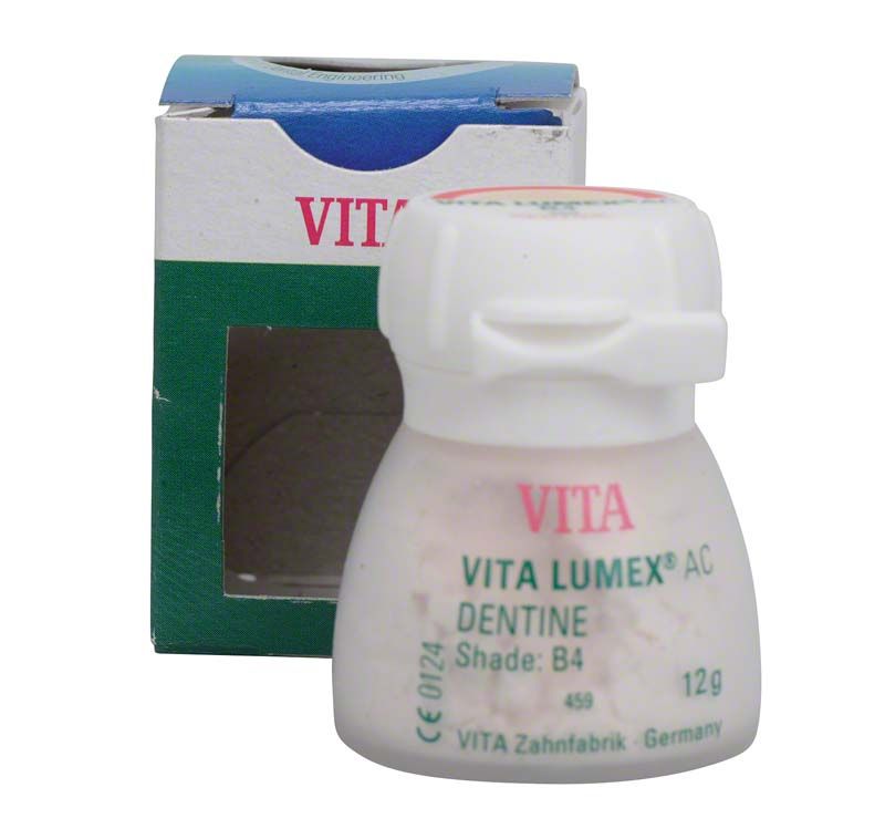 VITA LUMEX® AC Dentine 12g B4 vor Verpackung mit Sichtfenster.