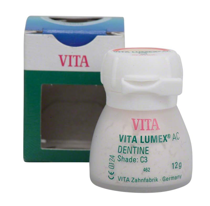 VITA LUMEX® AC Dentine Shade C3 in 12g Kunststoffbehälter vor Verpackung.