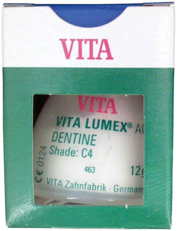 VITA LUMEX® AC Dentine 12g C4 in Verpackung mit Sichtfenster.