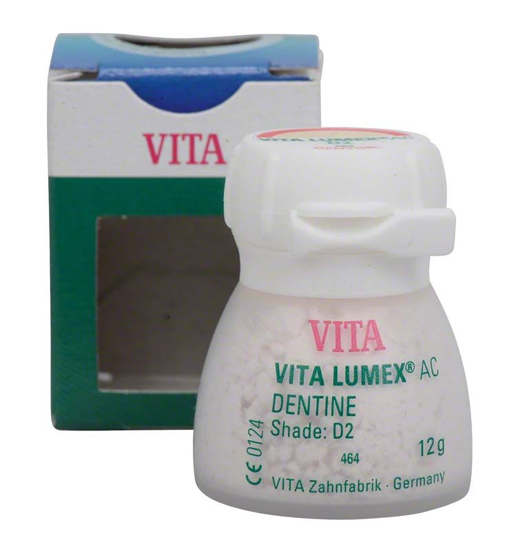 VITA LUMEX® AC Dentine 12g D2 in Kunststoffbehälter vor Verpackung.