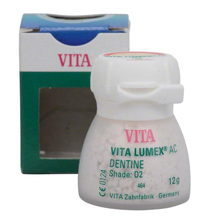 VITA LUMEX® AC Dentine 12g D2 in Kunststoffbehälter vor Verpackung.