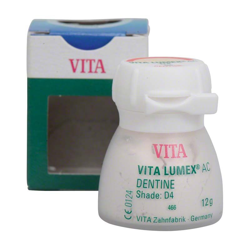 VITA LUMEX® AC Dentine 12g D4 in weißem Kunststoffbehälter vor Verpackung.