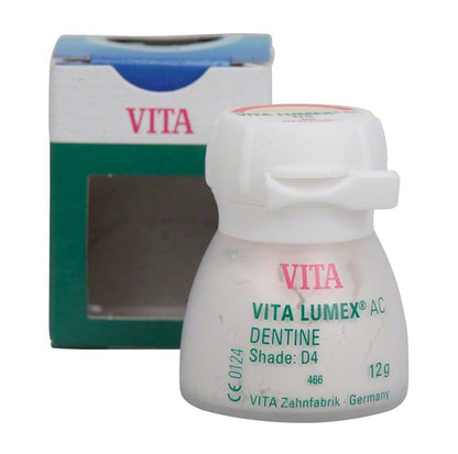 VITA LUMEX® AC Dentine 12g D4 in weißem Kunststoffbehälter vor Verpackung.