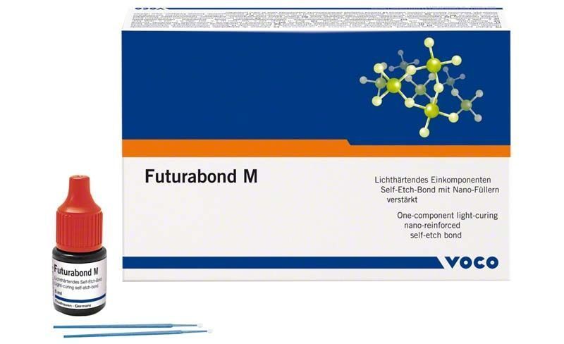 Futurabond M Flasche und Verpackung mit molekularer Strukturabbildung.