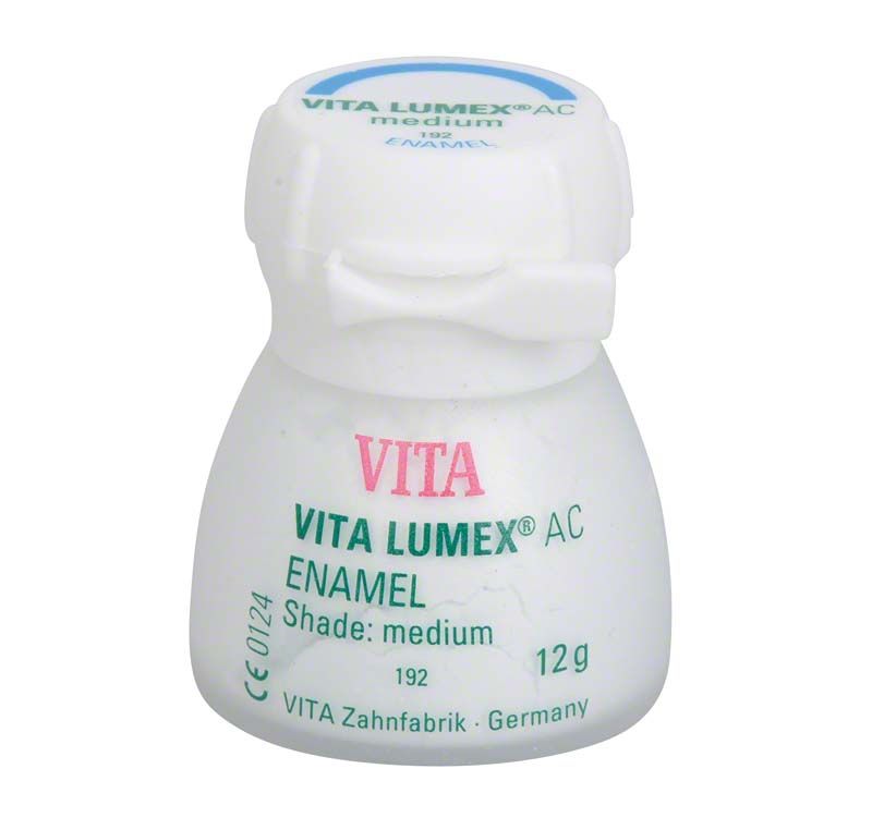 VITA LUMEX® AC Enamel 12g, mittlere Schattierung, auf weißem Hintergrund.