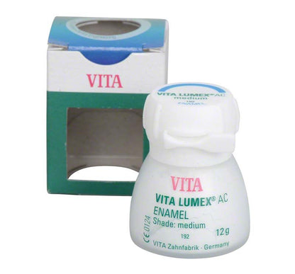 VITA LUMEX® AC Enamel 12g, mittlere Schattierung mit geöffneter Verpackung.