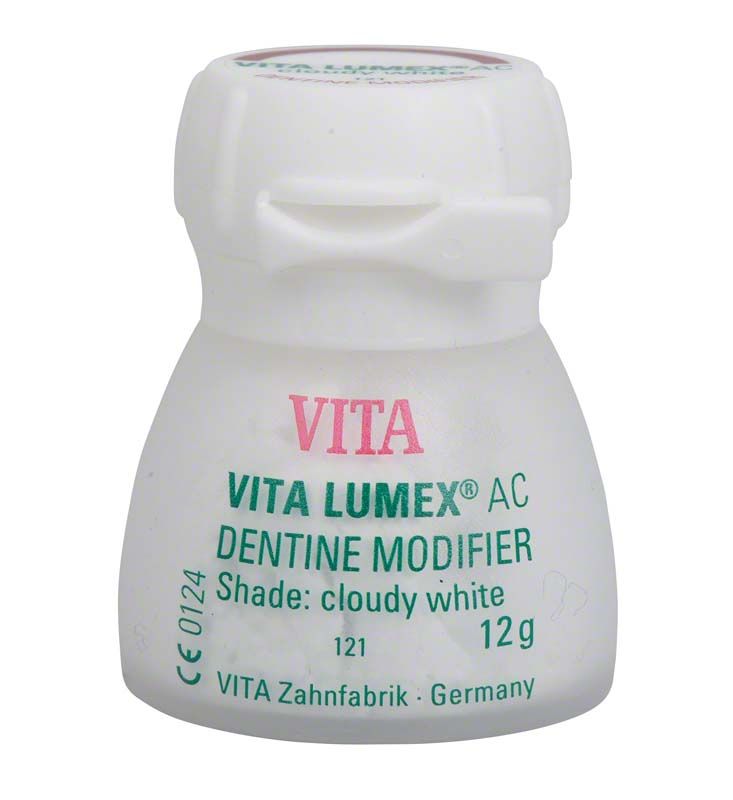 VITA LUMEX® AC Dentine Modifier 12g in trübem Weiß, Vorderansicht der Verpackung.