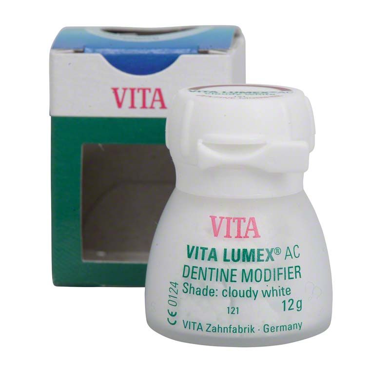 VITA LUMEX® AC Dentine Modifier 12g, Rückansicht der Verpackung und Flasche.