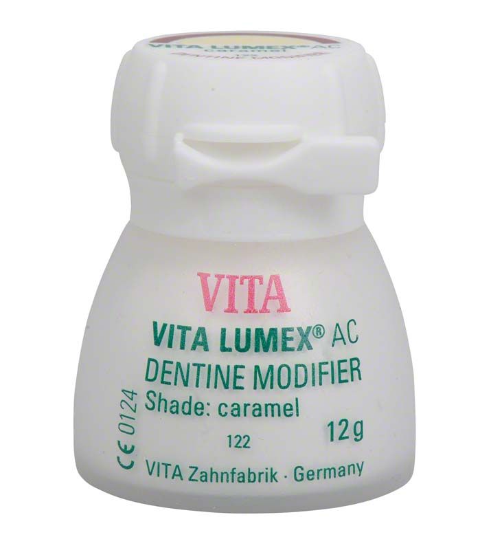 VITA LUMEX® AC Dentine Modifier 12g in Karamellfarbe, weiße Verpackung.