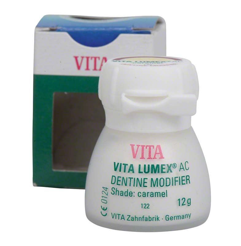 VITA LUMEX® AC Dentine Modifier 12g Karamell, weiße Verpackung mit grüner Aufschrift.