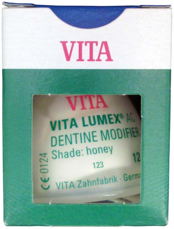VITA LUMEX® AC Dentine Modifier 12g in honigfarbener Verpackung.