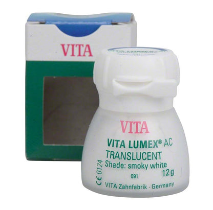 VITA LUMEX® AC Translucent 12g Dose in rauchweißem Farbton vor Verpackung.