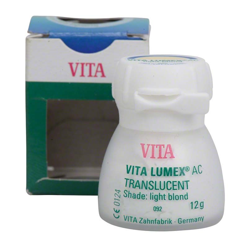 VITA LUMEX® AC Translucent 12g in hellblonder Farbnuance, Verpackung und Flasche.