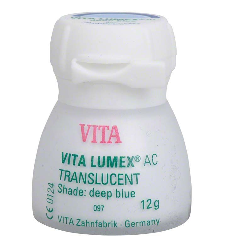 VITA LUMEX® AC Translucent 12g in Weiß mit Aufschrift "deep-blue".