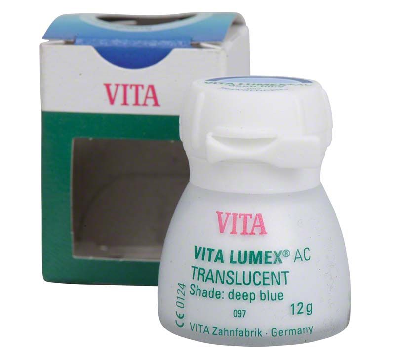 VITA LUMEX® AC Translucent 12g, tiefblau, vor Verpackung gezeigt.