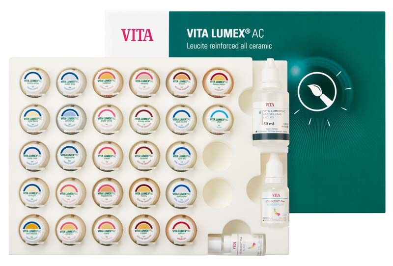 VITA LUMEX® AC Expert Kit mit Keramikpulvern und Flüssigkeitsfläschchen.