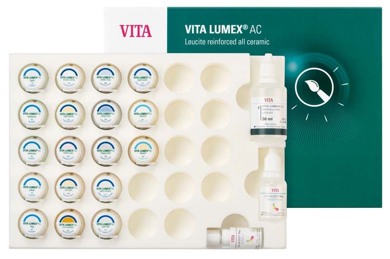 VITA LUMEX® AC CUT-BACK Kit mit Keramikpulvern und Flüssigkeiten.