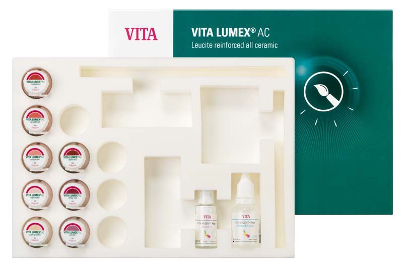 VITA LUMEX® AC Gingiva Kit mit Farbpulvern und Flüssigkeiten in Verpackung.
