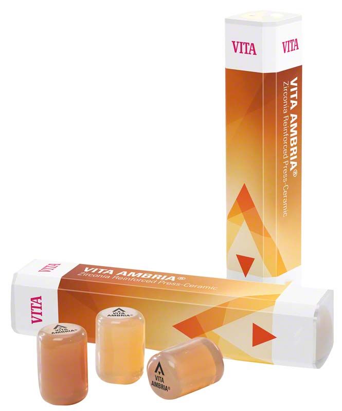 Verpackung von VITA AMBRIA® Zirkonverstärkter Glaskeramik mit drei Farbproben.
