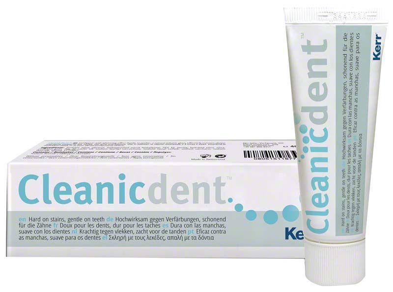 Cleanicdent™ Zahnpasta 40ml Tube und Verpackung mit Kerr-Logo.