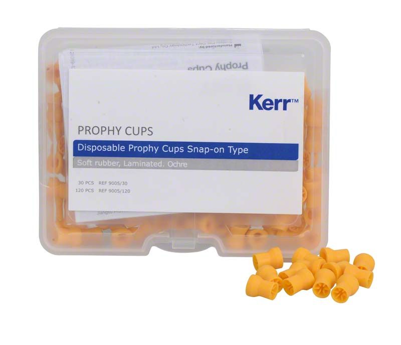 Einweg-Prophy-Cups in ockerfarbener Verpackung mit 120 Stück.