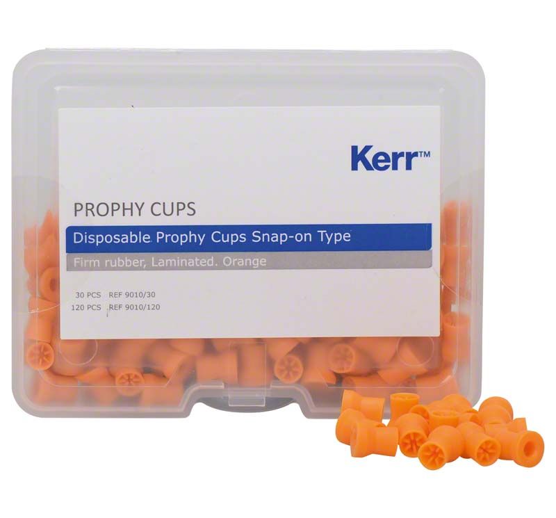 Einweg-Prophy Cups Snap-On hart lamellen orange in Kunststoffbox.