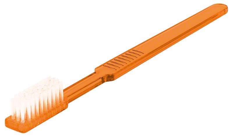 Einmalzahnbürste in Orange mit imprägnierten Borsten für den Einweggebrauch.