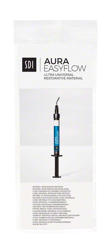 AURA EASYFLOW Spritze Ae1 für dentale Füllungstherapie mit blauem Etikett.