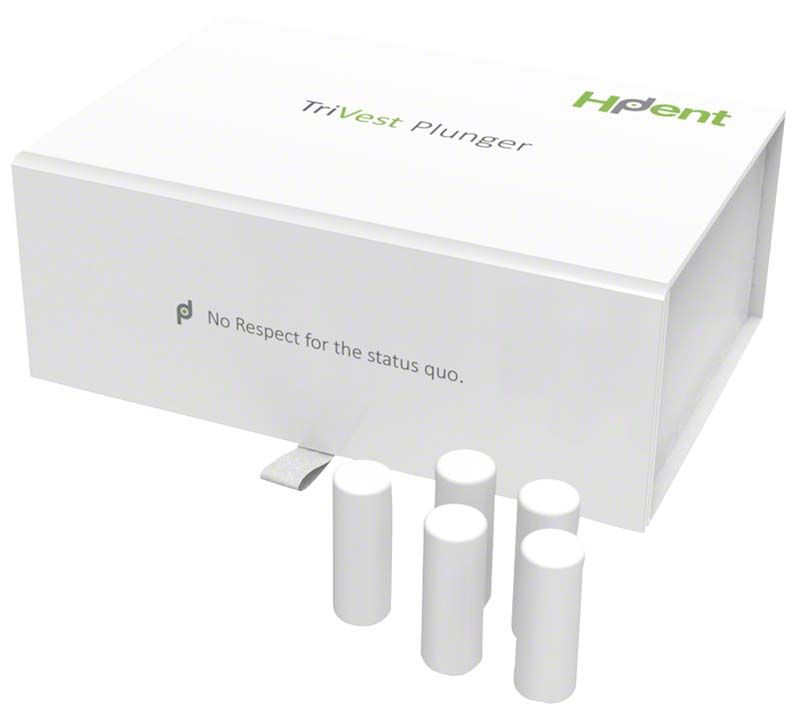 TriVest Plunger Verpackung mit fünf weißen Dentalpressstempeln.