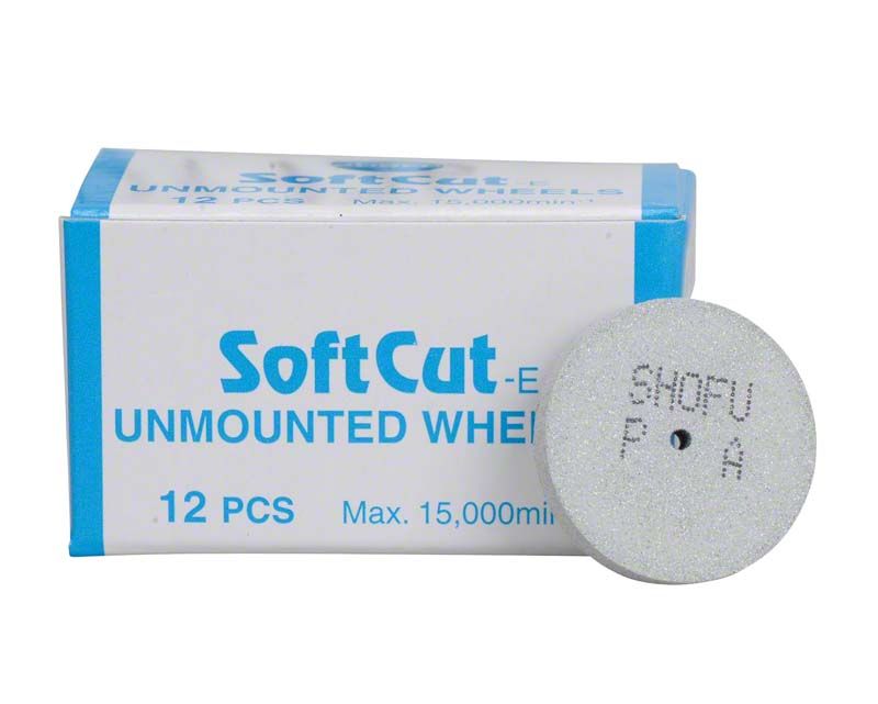 SoftCut-E HP PA Polierer unmounted wheel vor Verpackung mit Aufschrift.