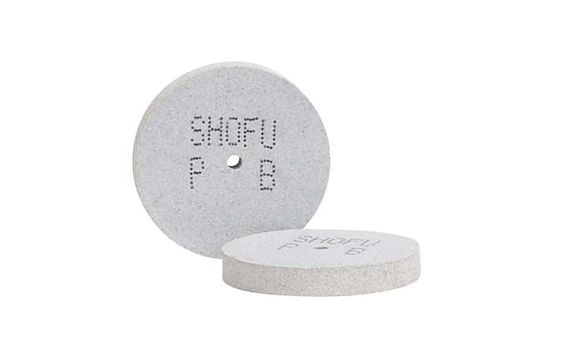 SoftCut-E HP PB Polierer unmontiert, Vorder- und Seitenansicht mit Prägung "SHOFU P B".