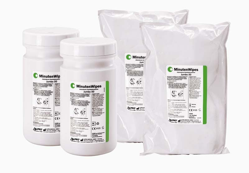 MinutenWipes Jumbo 50 Starterset Desinfektionstücher in weißer Verpackung.