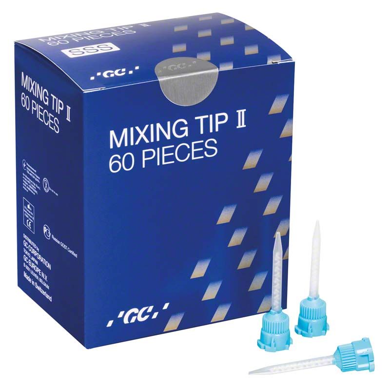 Mischkanülen GC Mixing Tips Type II SSS mit blauer Verpackung und Spitzen.