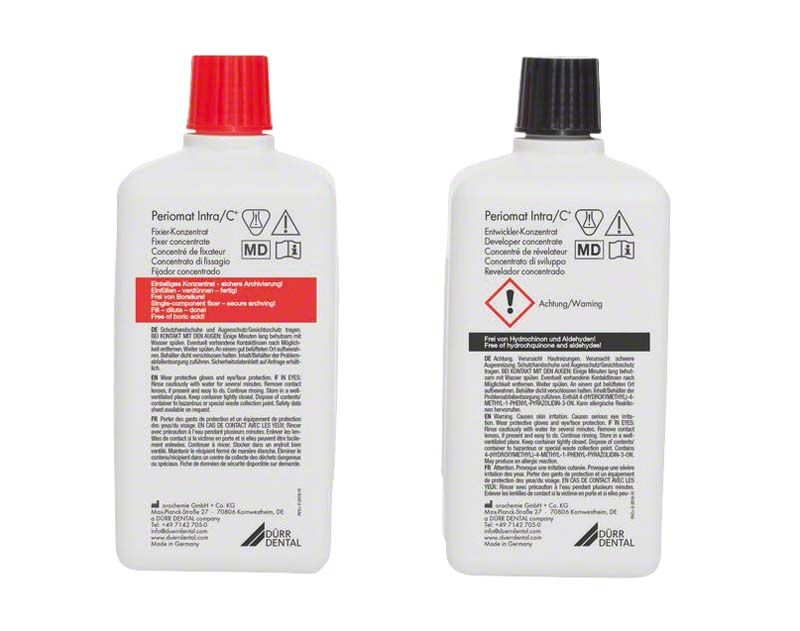 Periomat Intra/C+ Röntgenchemie Set mit Entwickler- und Fixierkonzentrat.