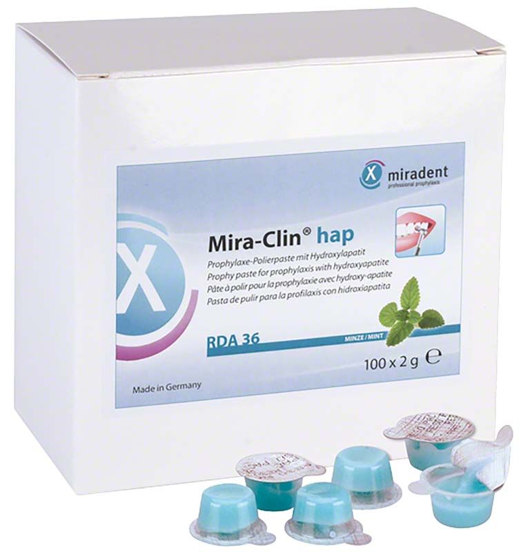 Mira-Clin® hap Polierpaste-Verpackung mit 100 Bechern à 2g für Zahnhygiene.